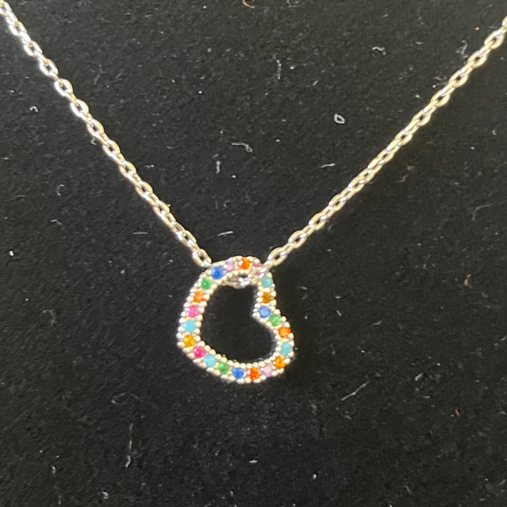 Multi-Colored Cubic Zirconia White Gold Heart Pendant and Necklace